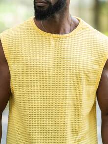 thenoahjr thenoahjr Men's Summer Solid Color Waffle Pattern Round Neck Casual Tank Top - Yellow - View 6