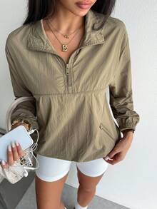 SHEIN Dewbera Women's Khaki Sports Jacket, Lightweight And Comfortable, Half-Zip Front With Small Stand Collar, Suitable For Daily Commute, Sports And Casual Wear, Fashionable And Versatile - Khaki - View 6