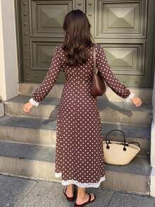 SHEIN PariChic Women's Contrast Lace V-Neck Polka Dot Print Long Sleeve Elegant Dress - Brown - View 2