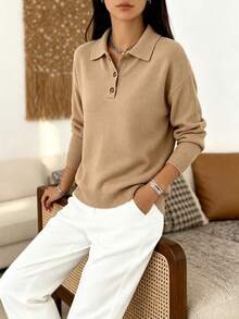 SHEIN Sweater Wanita Kasual Preppy Serbaguna Warna Polos, Nuansa Cokelat untuk Kantor Musim Gugur/Dingin - Unta - View 3