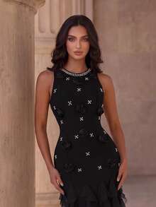 Coutiva Women's Sexy Rhinestone 3D Floral Decor Ruffle Hem Dress - Black - View 5