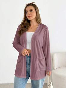 SHEIN Essnce Plus Size Autumn Casual Solid Color Double Pocket Jacket - Dusty Purple - View 3