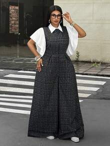 Mawevolt Sleeveless Tank Top Wide Leg Jumpsuit + White Puff Sleeve Blouse 2-Piece Set, Preppy Commuter Outfit, Plus Size Women's Set - Black and White - View 2
