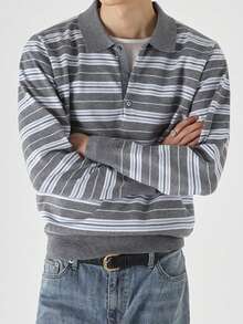 DAZY Men's Blue Grey White Striped Polo Collar Sweater, Spring Autumn - Multicolor - View 2