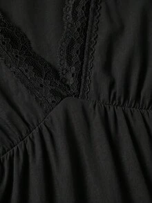 SHEIN MOD 大尺碼女款V領蕾絲飾邊蝙蝠袖連身褲，黑色95%棉，傳統寬鬆款，感恩節、教師節、夏季/海灘度假適用 - 黑色 - 查看 4