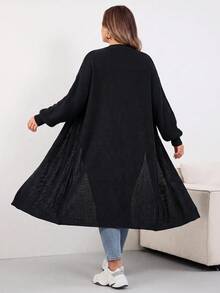 SHEIN CURVE+ Plus Size Dropped Shoulder Ribbed Knit Long Cardigan, Long Sleeve Top, Women's Plus Size Long Cardigan, Slim Fit, Autumn/Winter Essential - Black - View 2