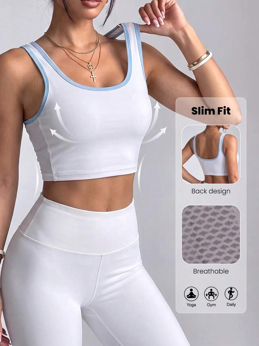 Easithlete Women's Trimmed Cropped Tank Top For Daily Wear And Fitness Modest Sporty Workout Gym Blue And White Summer - White - View 1
