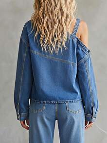 Balvessa Women's Asymmetric Collar Denim Top - Blue - View 4