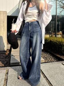 DAZY 女款寬鬆高腰修身直筒牛仔長褲，極簡百搭舒適落地褲，秋季款 - 藍色 - 查看 4