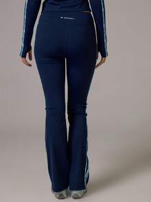 Musera Sport Checkered Contrast Colour Blocked Stripe Side High Rise Fitted Flare Coord Leggings Gym Pilates Daily Running - Navy Blue - View 4