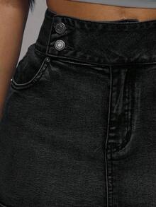 MUSERA Double-Breasted Low-Waist Denim Mini Skirt, Spring/Summer Vacation Y2K Sweet & Cool Style For Girls, Holiday Social Casual Autumn Fall Winter - Black - View 6