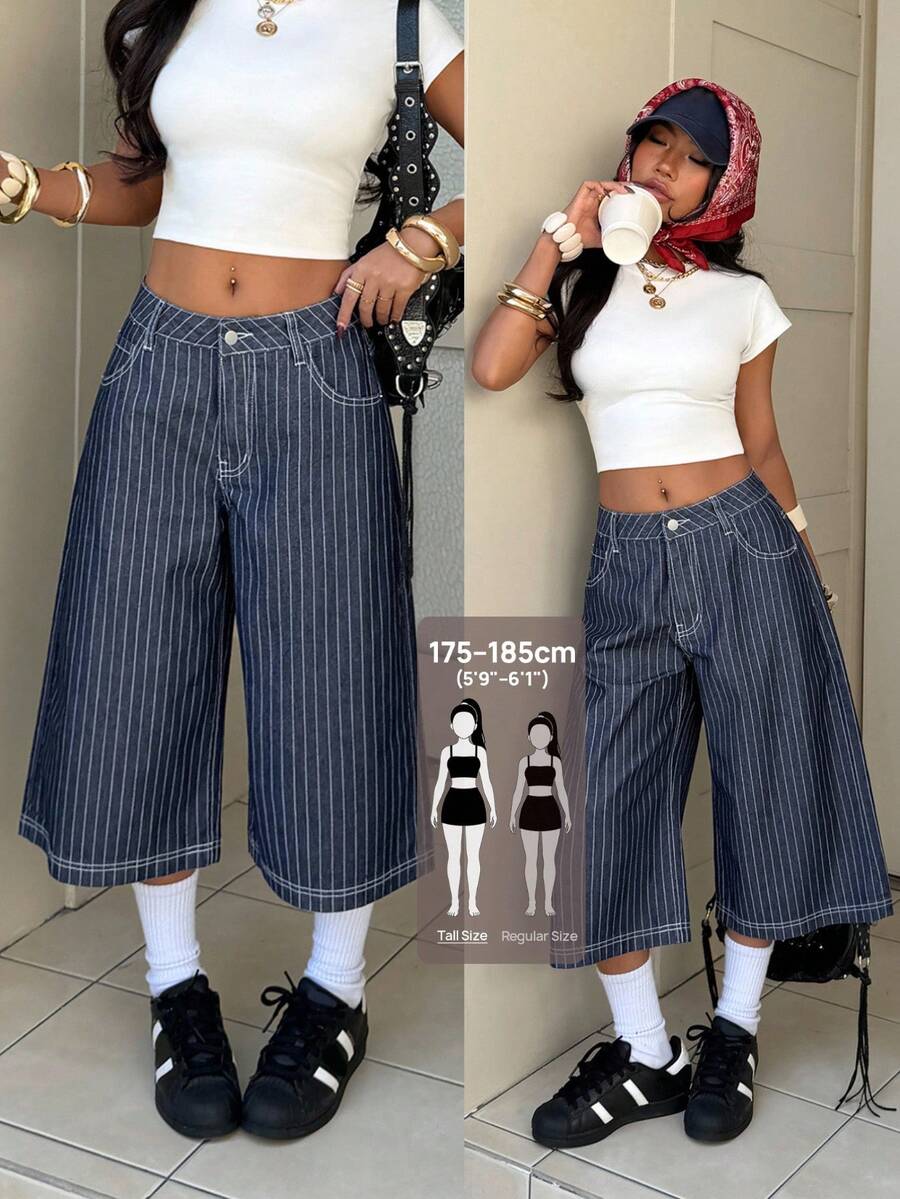 SHEIN Tall TallCasual 高個子加大號 縱向條紋牛仔短寬腿褲,高腰寬鬆垂墜百搭中長版長褲 - 深色水洗藍 - 查看 1