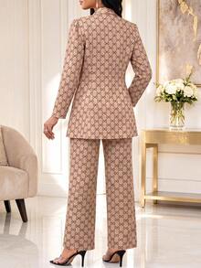 SHEIN Lady طقم نسائي أنيق من قطعتين باللون الكاكي مطبوع بنقشة فيونكة، بليزر مفتوح الأمام بأكمام طويلة مع بنطال واسع الساق، مناسب للمكتب والعمل والأعمال التجارية في فصل الخريف - لون مشمشي - مشاهدة 2