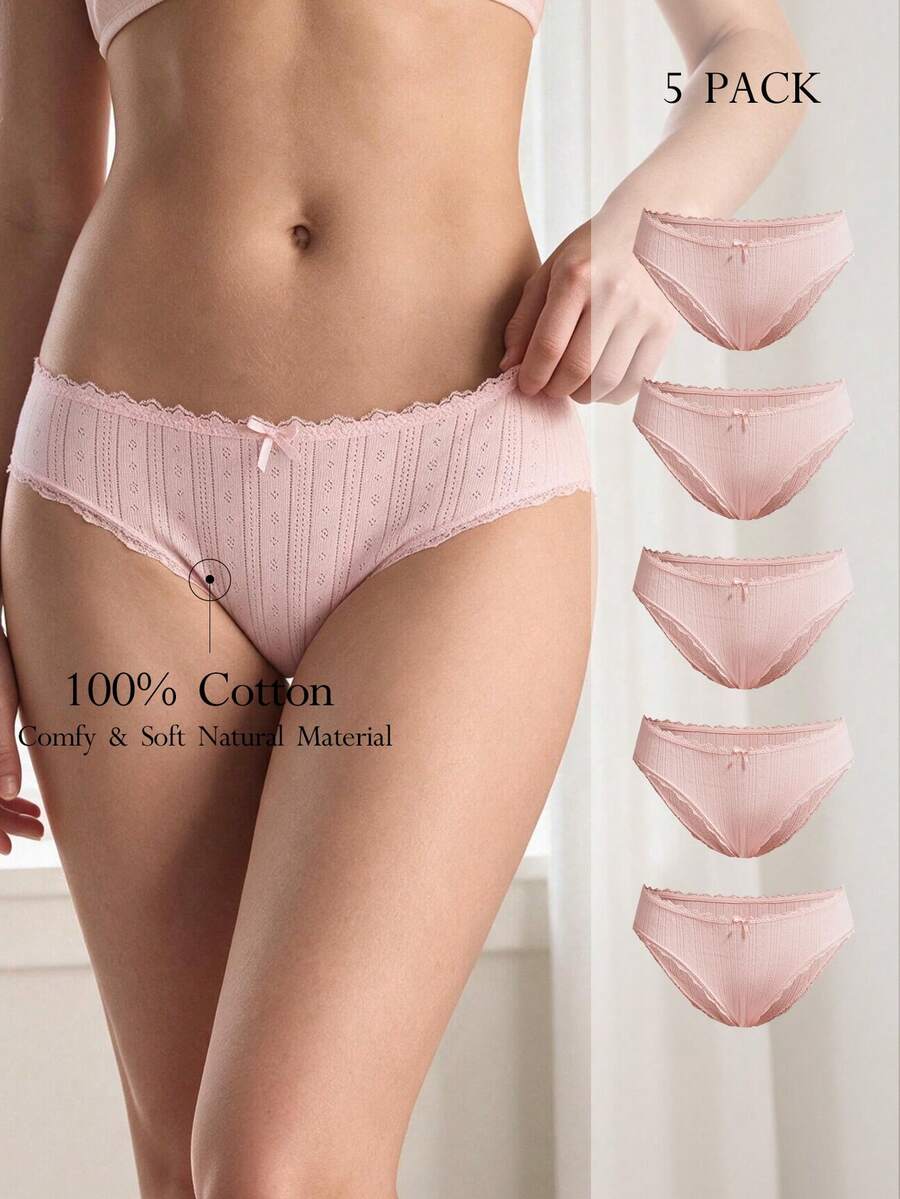 Ocili 5件組純棉針織提花舒適女款對比蕾絲蝴蝶結裝飾三角內褲 - 粉色 - 查看 1