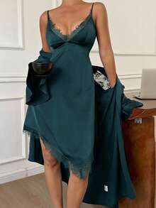 DAZY Summer Charming Satin & Lace Patchwork Ruffle Sleeve Robe Set With Tie & Camisole Short Nightwear For Women - Green - View 7