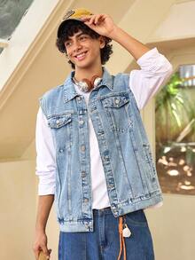 Whitmere Men's Denim Sleeveless Jacket Casual Trucker Vest, Light Color, Street Style, Suitable For Spring/Autumn - Light Wash - View 1