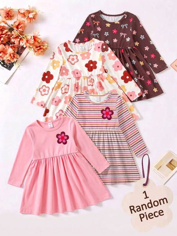 Spring Autumn Winter Crew Neck Long Sleeve Dress For Baby Girls, Striped Pattern With Flower Element, Suitable For Spring Autumn Winter Wear, Daily Wear Weekend Outings