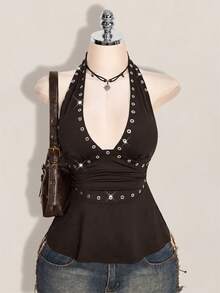 SHEIN ICON 萬聖節女款掛脖露背黑色娃娃裝背心 - 棕色 - 查看 3