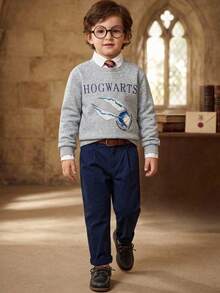 PrepCrw HARRY POTTER X SHEIN 小男孩圓領字母圖案休閒日常長袖運動衫 - 灰色 - 查看 4