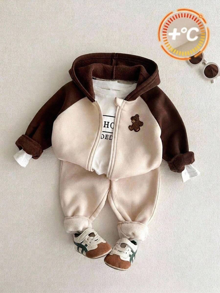 SHEIN 嬰兒男/女童可愛百搭針織拼色連帽拉鍊運動衫,附熊圖案貼布,適合秋冬外出、返校季 - 彩色 - 查看 1