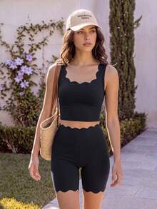 SHEIN BASICS 女款純色休閒極簡運動風短版上衣，保守百搭日常穿搭，適合上班、夜生活、健身房運動，黑色夏季款 - 黑色 - 查看 4