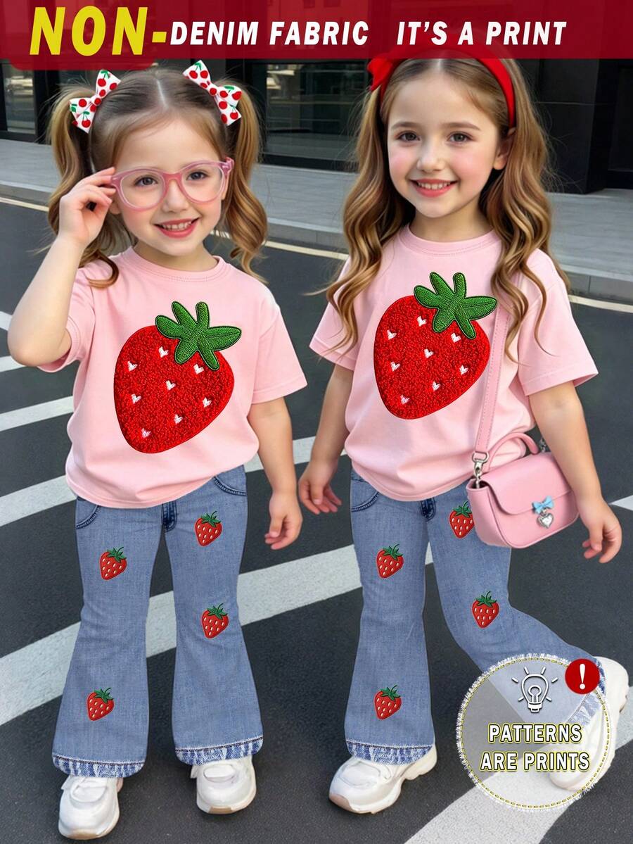 Pakaian Bayi Perempuan Musim Semi dan Musim Panas, Busana Kasual Modis Kreatif Personalisasi Motif Buah Stroberi Kecil Musim Panas Segar, Set Kaos Pendek dan Celana Panjang Model Flare, Gaya Musim Panas dan Gugur yang Nyaman, Cocok untuk Pakaian Bayi Perempuan di Musim Semi, Musim Panas, dan Musim Gugur. - MultiWarna - View 1