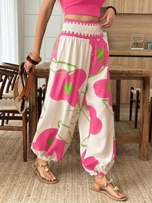 Louniche Women's Elastic Waist Lantern Pants For Spring/Summer Vacation, Fashionable For Summer Wear Beach Vacation Pink Floral - Multicolor - View 4