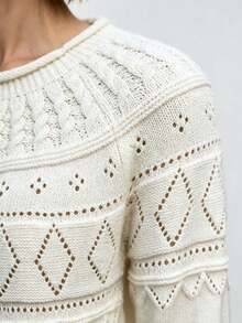 Louniche Women's Early Autumn Textured Fine Hollow Knit Pullover Round Neck Long Sleeve Sweater - Beige - View 4