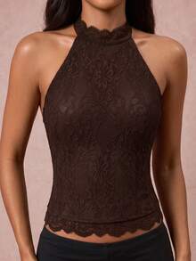 Opulessa Casual Vacation Solid Color Knit Lace Halter Neck Backless Women's Top - Brown - View 3