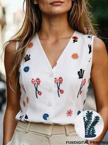 SHEIN LUNE CURVE Plus Size Women's Floral Print Single Breasted Casual Boho Vest Shirt Brunch Vacation Allover White And Yellow Summer - Multicolor - View 1