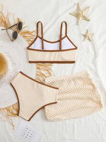 SHEIN 3 件套女童比基尼套装，特殊面料，夏季海滩 - 彩色 - 查看 2