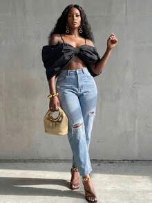 BamGlimmer Plus Size Black Off Shoulder Big Bow Camisole Crop Top For Women - Black - View 3
