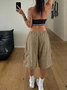 StreetHx 女款休閒 Alt Basics 夏季純色工裝口袋抽繩短褲 度假派對卡其色 - 摩卡棕 - 查看 2