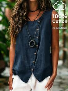 Zayélia Women's Solid Color Round Neck Single-Breasted Casual Vest - Navy Blue - View 1