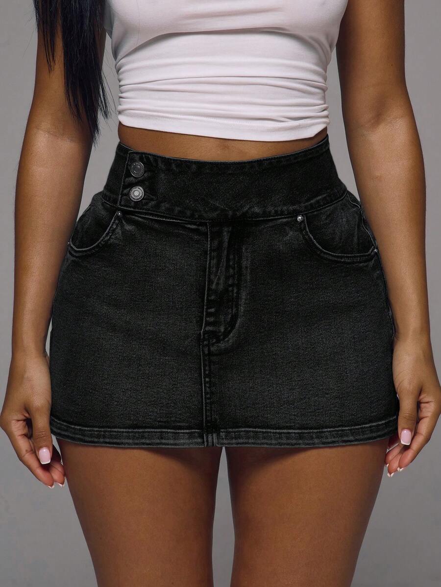MUSERA Double-Breasted Low-Waist Denim Mini Skirt, Spring/Summer Vacation Y2K Sweet & Cool Style For Girls, Holiday Social Casual Autumn Fall Winter - Black - View 1