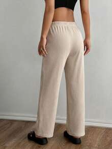 SHEIN PETITE Women's Autumn Solid Color Versatile Straight Leg Pants - Khaki - View 2