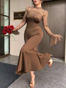 Dazy Tall Women's Elegant Satin Lace Patchwork Round Neck Long Sleeve Flare Sleeve Dress Fall Wedding Guest Dress Women - Brown - View 3