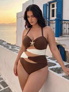Swim Oasis 26SS Spring/Summer Vacation Cutout Three-Section Starfish Contrast Color Brown & Beige Sexy Matching Skirt One-Piece Two Pieces Set - Multicolor - View 3