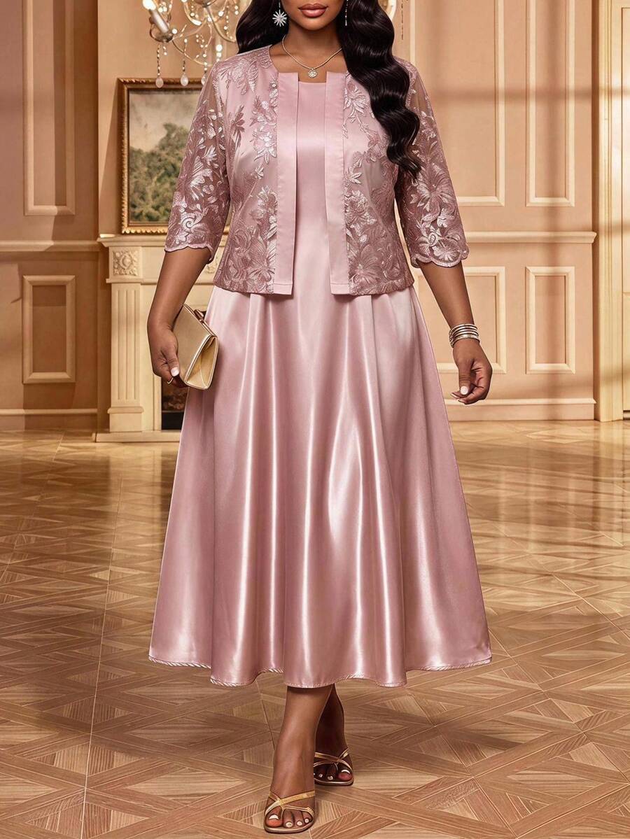 Fleurora Elegant Plus-Size Two Pieces Set: Jacquard Open-Front Cardigan With Mid-Length Sleeves And Matching Dress Birthday Dress Pink Dress Date Night Dress