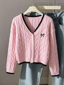 SHEIN Tween女孩彩色拼接飾邊長袖休閒針織開襟衫，秋冬粉色毛衣，女孩毛衣，可愛毛衣，青少年女孩蝴蝶結針織開襟衫，粉色毛衣，時尚學院風開襟衫毛衣，秋季風格開襟衫毛衣 - 粉色 - 查看 6
