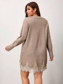 Enliva Plus Size Women's Contrast Lace Hem Round Neck Long Sleeve Knit Dress Winter - Apricot - View 2