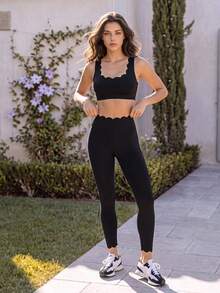 SHEIN BASICS 女款純色高腰休閒運動風緊身內穿褲，黑色，適合健身房、夏季瑜珈、運動健身、日常穿搭的多功能運動褲 - 黑色 - 查看 4