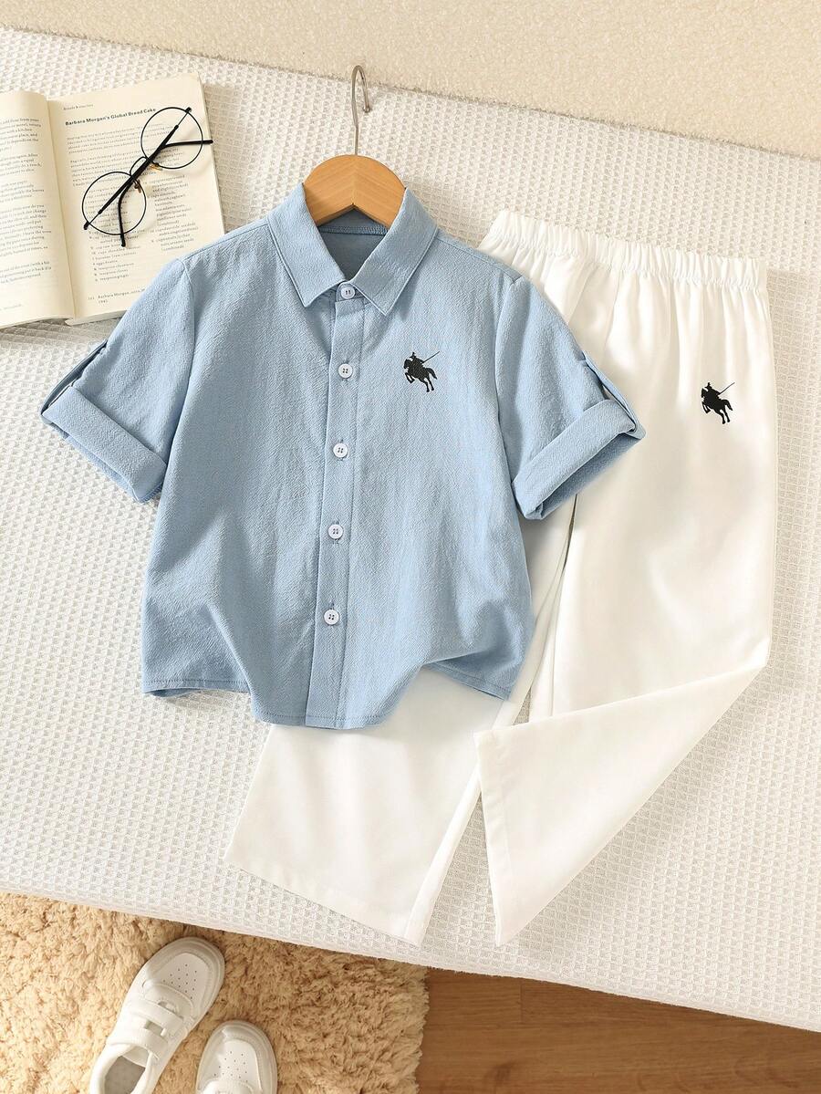 SHEIN 小男孩學院風 Logo 領長袖襯衫/長褲套裝 - 彩色 - 查看 1