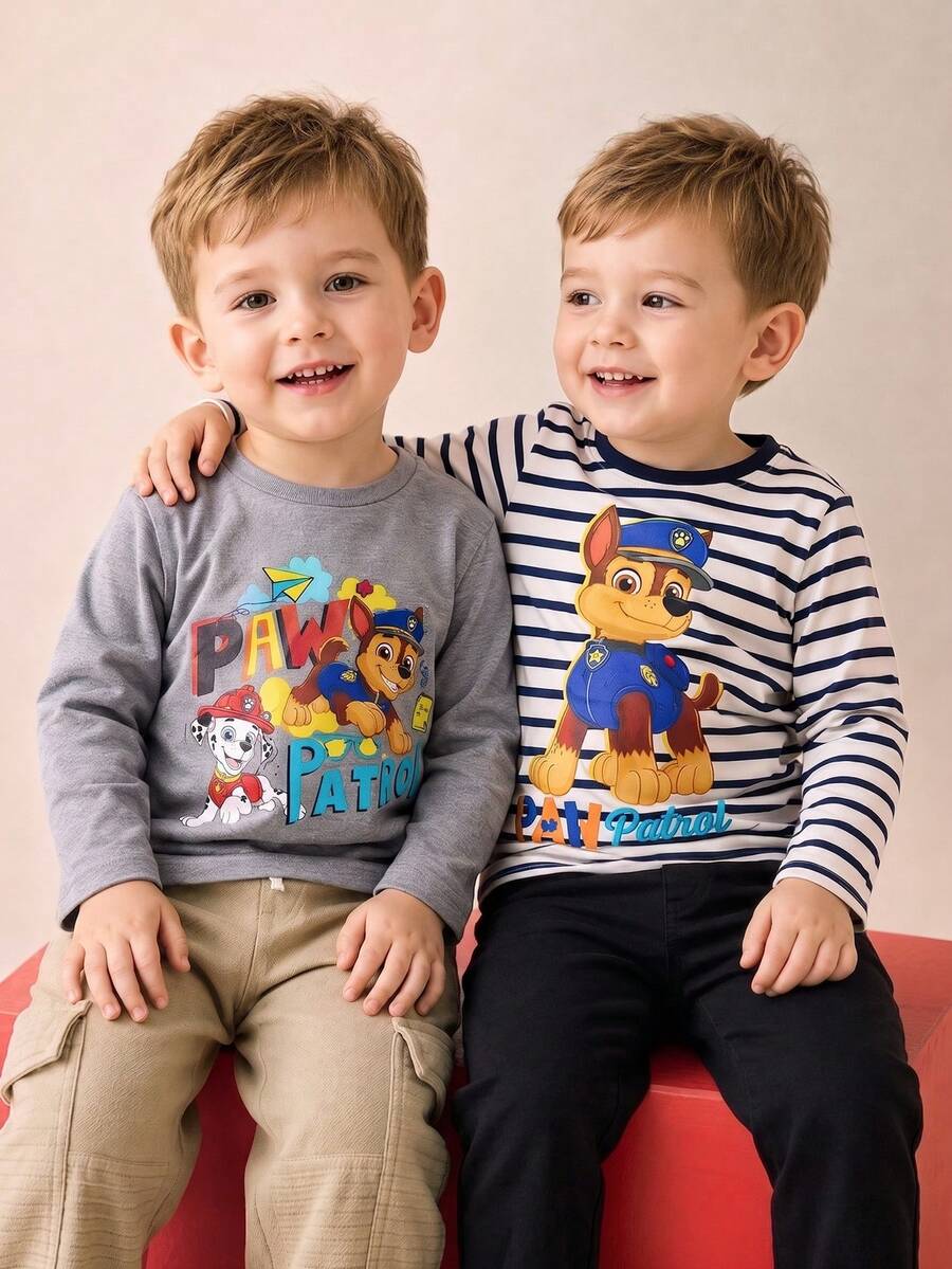 Maija Kids SHEIN | PAW Patrol Maija Kids 2件裝小男孩卡通兒童印花圓領長袖休閒百搭T恤 - 彩色 - 查看 1