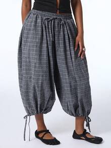 COUREZ Low Rise Extreme Balloon Cropped Pants In Check / Y2K Casual 70s Summer Clothes For Women Shorts Festival Outfits Everyday Holiday Grey Plaid Vacation - Grey - View 5