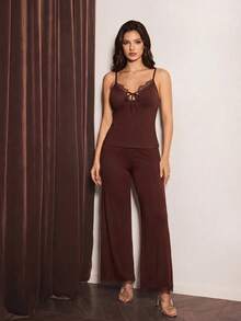 Slumberist Lace Patchwork Camisole Top And Casual Sexy Long Pants Pajama Set Lounge Sleep Dark Brown - Brown - View 4