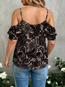 SHEIN LUNE CURVE Plus Size Black Cold Shoulder Ruffle Top – Sexy Boho Thin Strap V-Neck Pleated Short Top, Designed For Curvy Women Vacation Summer - Black - View 2