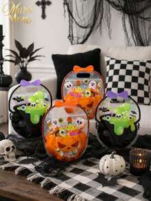 Muroi Mono 1Pc/10Pcs Self-Sealing Halloween Cauldron Treat Bag, Translucent Plastic With Cartoon Witch Pot And Jack-O-Lantern Artwork, Integrated Handle And Airtight Zipper For Biscuit Candy Storage, Packaging Pouch For Halloween Event Gift Distribution - Multicolor - View 2