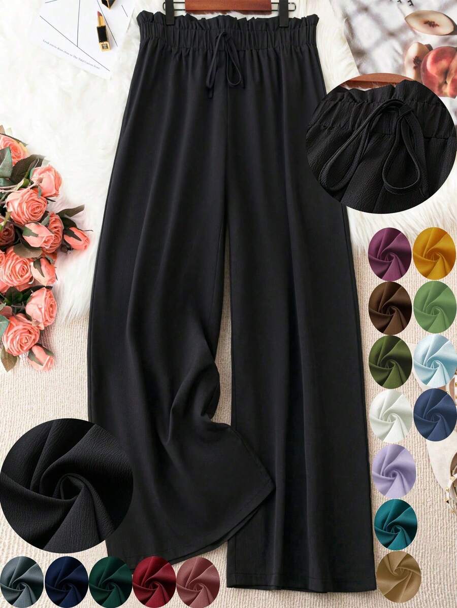 Linhara Plus Size Solid Color Casual Pants Fall - Black - View 1