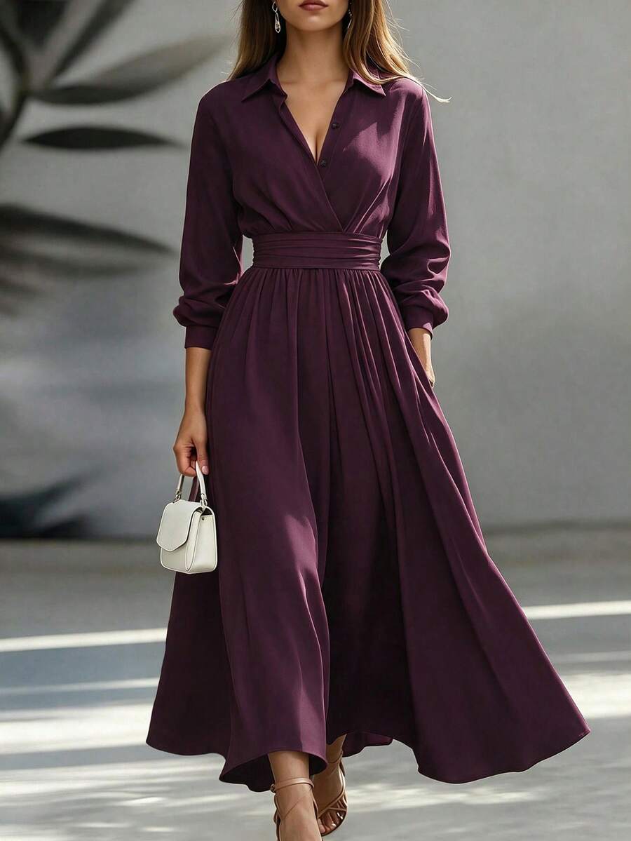 Weeklong Women's Plus Size Spring/Autumn Single Piece Lapel V-Neck Wrap Waist Flared Long Skirt High Cinched Waist Commuter Style Travel Shirt Dress Fall - Burgundy - View 1